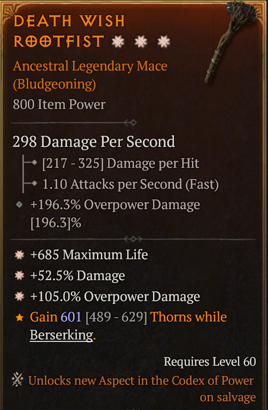 ? DIABLO 4 ? SEASON 7?One Handed Mace?3 GA Maximum Life + Overpower + Damage