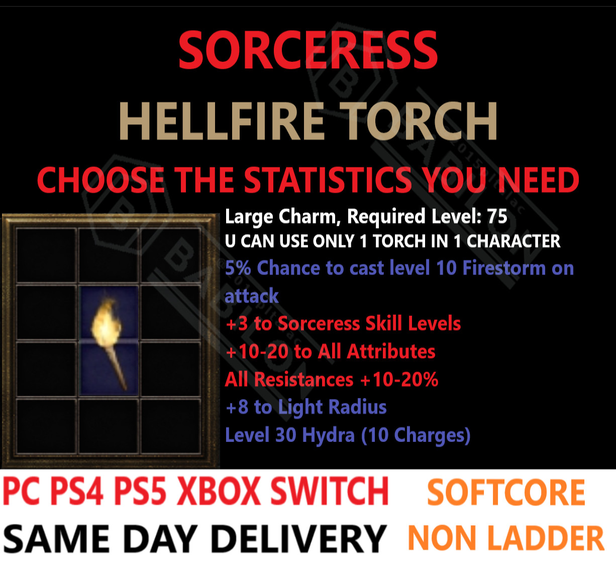 ?PC PS4 PS5 XBOX SWITCH?NON-LADDER Sorceress Torch Sorc Diablo 2 Resurrected D2R