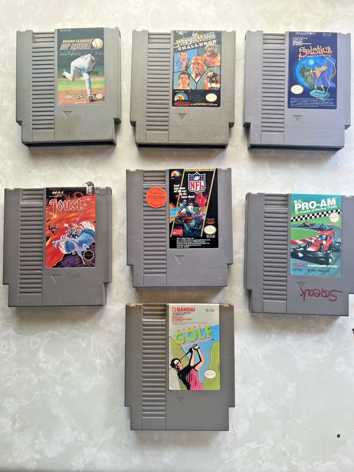 7 NINTENDO GAMES; MVP BASEBALL; WRESTLEMANIA; SOLSTICE; JOUST; NFL; PRO AM; GOLF