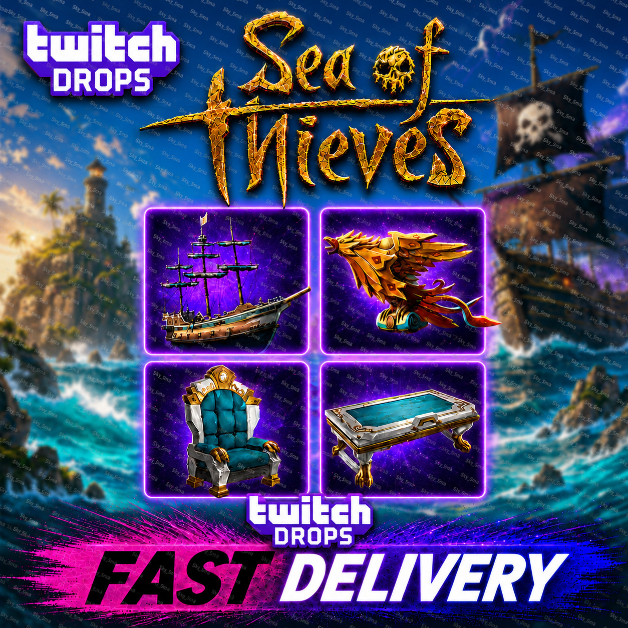 Sea of Thieves Twitch Drops – 225K Gold + Cosmetics and Emotes – 20 Items