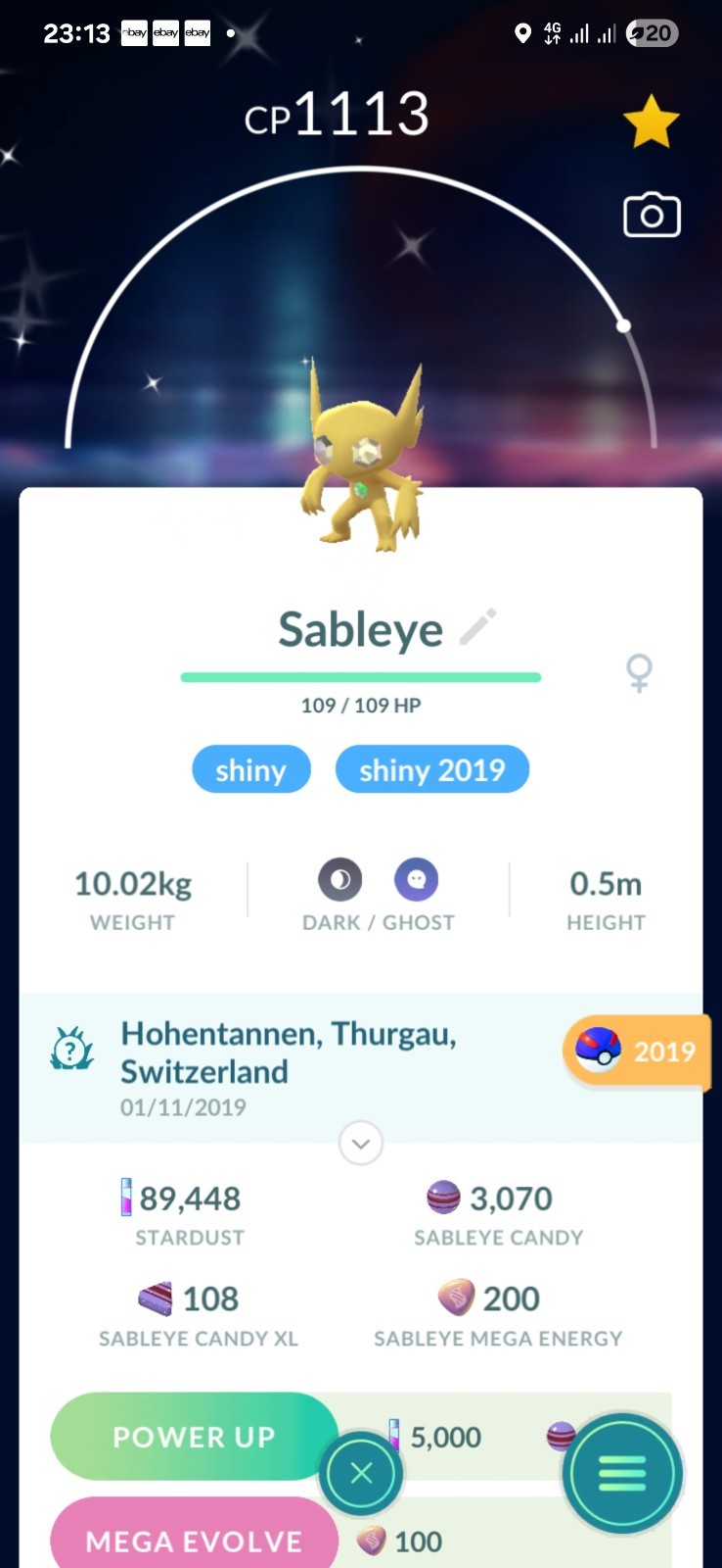 Shiny Sableye ( Caught In 2019 ) Pokemon Tr@de Go