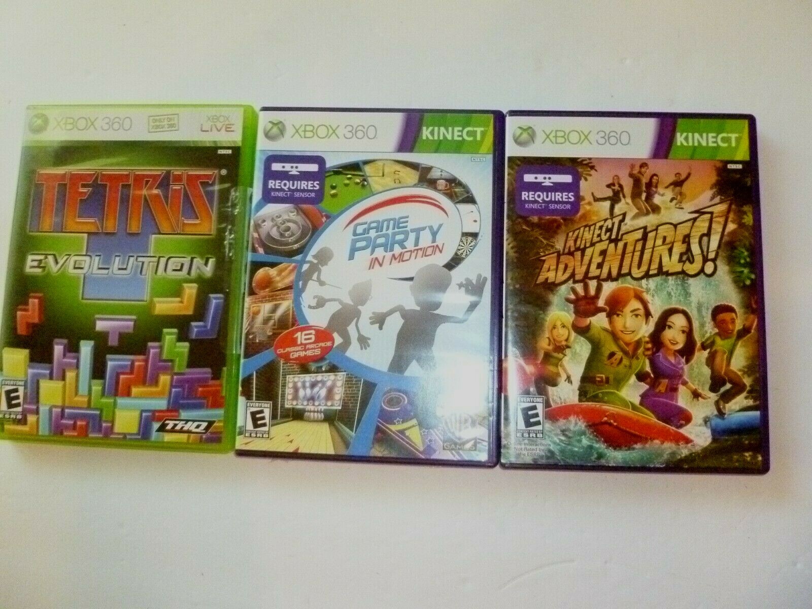 XBOX 360 Lot of 3 games Tetris Evolution Game Party Kinect and Kinect Adventures